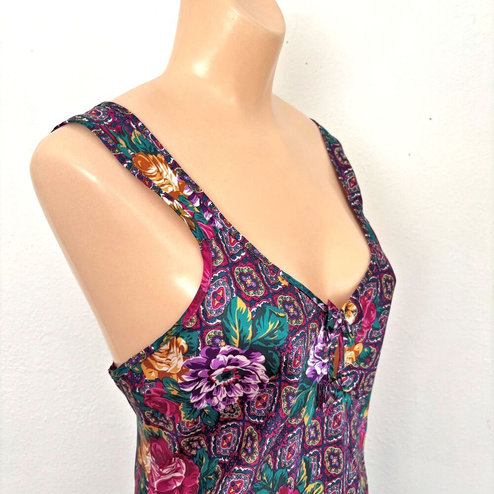 Adonna Womens Y2K Dark Floral Satin Slip Dress Small Boho Indie Fairy Grunge